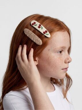 Girls Cherry Embroidered & Knit Fabric Snap Hair Clips Set of 2 Coquette